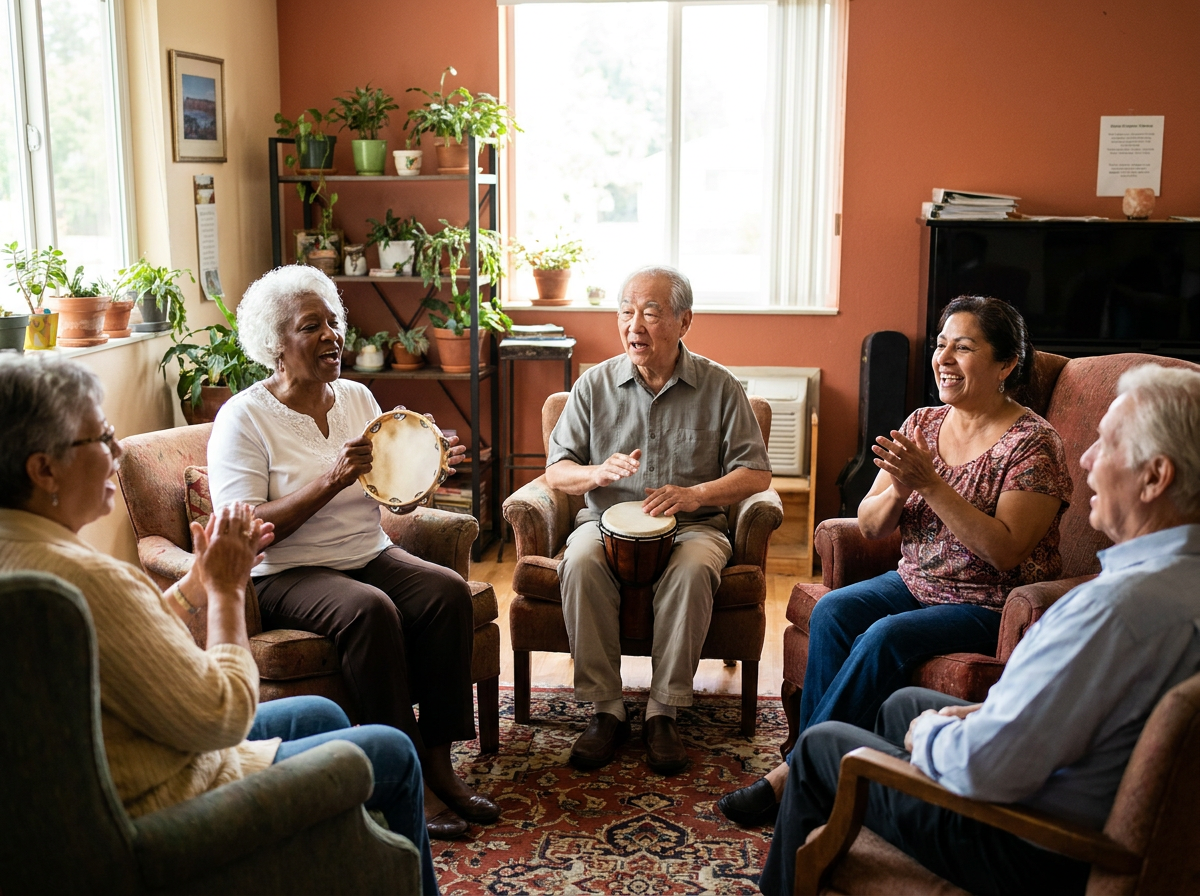 Seniors singing together in a community circle